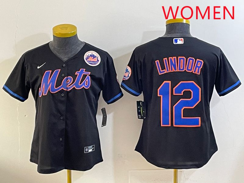 Women 2025 New York Mets #12 Lindor Black Game Nike MLB Jersey style 9